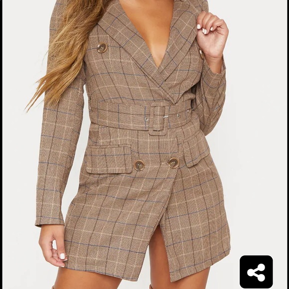 PrettyLittleThing Dresses & Skirts - Brown Check Belted Blazer Dress